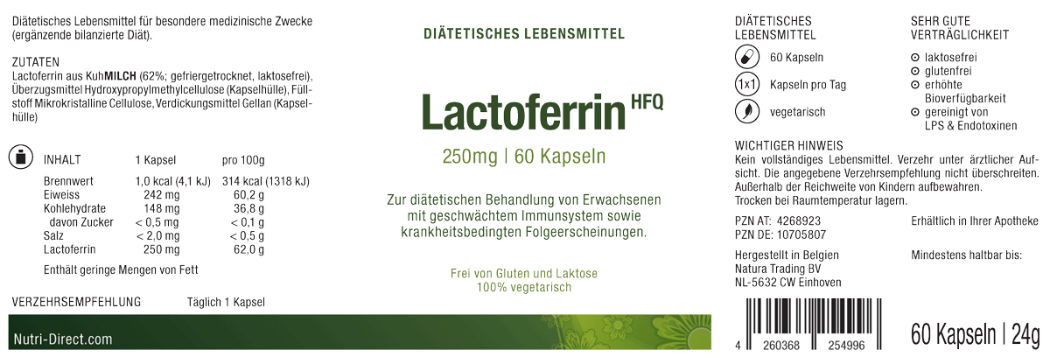 Lactoferrin, 250 mg, diätetisches Lebensmittel, Etikett