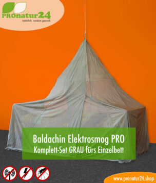 Baldachin SET Elektrosmog PRO in Grau fürs Einzelbett Pyramidenform