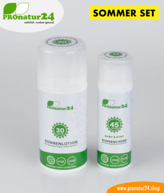 Sonnencreme SOMMER SET: mineralischer Schutz LSF 30 + 45, UVA, UVB, wasserfest. OHNE CHEMIE, OHNE ALLERGENE, uvm.. Ideal fürs NACKT BADEN und FKK!