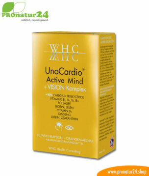 WHC UnoCardio® Active Mind + VISION Komplex | 30 Weichkapseln mit natürlichem Orangenaroma