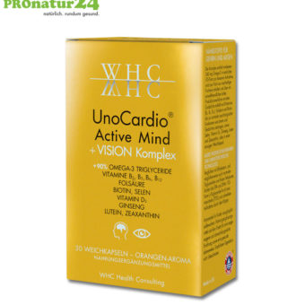 WHC UnoCardio® Active Mind + VISION Komplex | 30 Weichkapseln mit natürlichem Orangenaroma