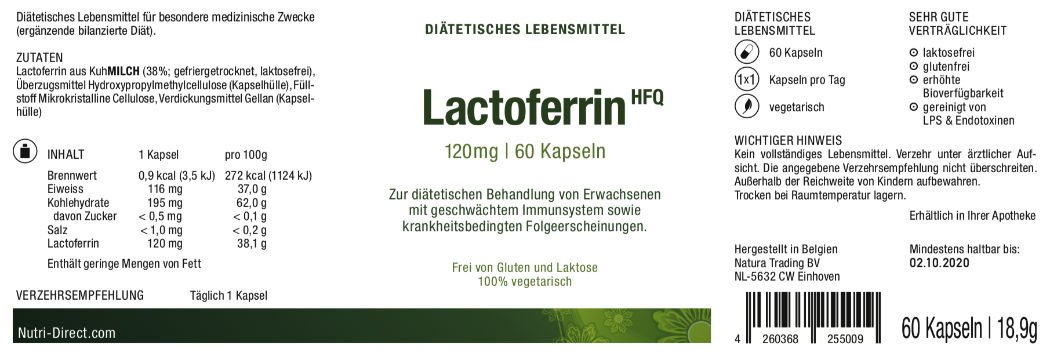 Lactoferrin, 120 mg, diätetisches Lebensmittel, Etikett