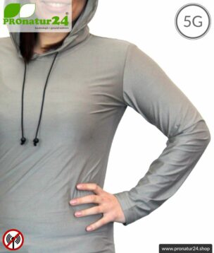 Abschirmender Hoodie / Kapuzenpullover. Schutz bis 50 dB vor HF Elektrosmog (Handy, WLAN, LTE). Wirkungsvoll gegen 5G!