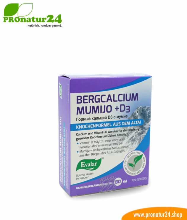 Bergcalcium Mumijo + D3 von Evalar. Glutenfrei, gentechnikfrei und vegan.