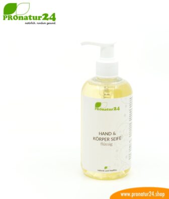 HAND & KÖRPER SEIFE flüssig. Eine Flüssigseife die auch ein wunderbares Duschgel ist. Porentief reinigend und pflegend zugleich.