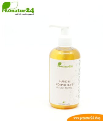 HAND & KÖRPER SEIFE zitrone, flüssig. Eine Flüssigseife die auch ein wunderbares Duschgel ist. Porentief reinigend und pflegend zugleich.