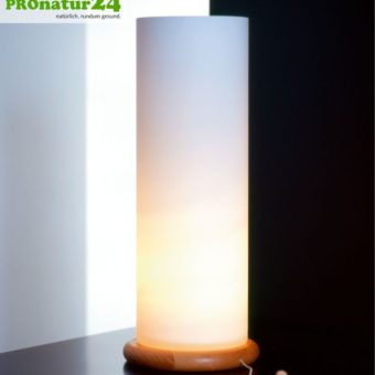 Geschirmte Tischleuchte in Zylinder Form | mundgeblasenes Opalglas | 37 cm Höhe, Buchenholz Fuß, E27, 40 Watt