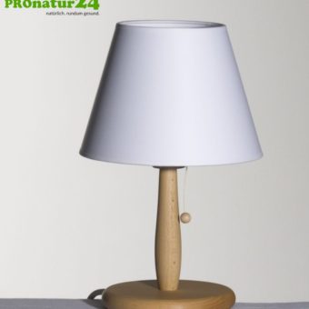 Geschirmte Tischleuchte aus Buchenholz mit Lampenschirm aus Papier, WEISS. 31 cm Höhe, E27 Fassung, 40 Watt. Idee: Selbst bemalen!