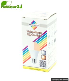 LED Lampe Vollspektrum DuoLight. Natur-nah flimmerfreies Licht mit 12 Watt (wie 100 Watt). 5200 K, 4000 K + 2900 K. 1000 Lumen. E27.