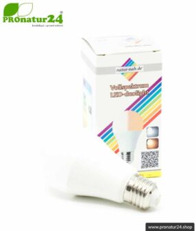 LED Lampe Vollspektrum DuoLight. Natur-nah flimmerfreies Licht mit 12 Watt (wie 100 Watt). 5200 K, 4000 K + 2900 K. 1000 Lumen. E27.