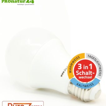 9 Watt LED TRICOLOR Pure-Z NEO von Biolicht | 3in1 umschaltbare Lichtfarbe (tageslichtweiß, kaltweiß und warmweiß). Hell wie 80 Watt.  800-850 Lumen. E27 Sockel.