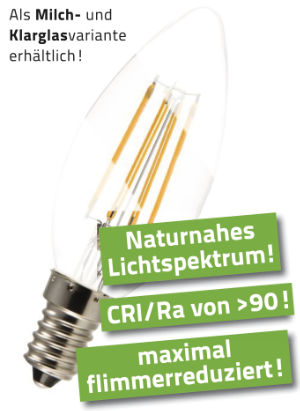 3 Watt LED Filament Kerze Pure-Z-Retro BIO LICHT, matt | hell wie 30 Watt, 300 Lumen | warmweiß (2700 Kelvin) | CRI >90, flimmerfrei (< 1%), E14.