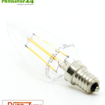3 Watt LED Filament Kerze Pure-Z-Retro BIO LICHT | hell wie 30 Watt, 300 Lumen | warmweiß (2700 Kelvin) | CRI >90, flimmerfrei (< 1%). E14 Sockel.