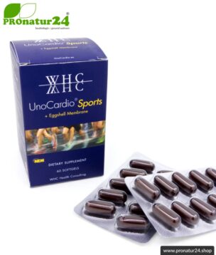 WHC UnoCardio ® Sports | Omega-3 Fischöl und Eierschalenmembran in Kombination | ideal bei körperlicher Belastung | 60 Softgelkapseln