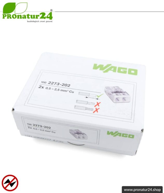 WAGO Compact Steckklemmen bzw. Verbindungsdosenklemmen | Modell 2273-202 | für 2 eindrähtige Leiter | Leiterquerschnitt 0,5 bis 2,5 mm² | 450V / 24 A | 100 Stück pro Packung