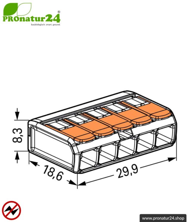 WAGO Compact Verbindungsklemme, Serie 221 | Modell 221-415 | für 5 eindrahtige, feindrahtige und mehrdrähtige Leiter | Leiterquerschnitt 0,14 bis 4 mm² | 450V / 32 A | Alternative zur Lüsterklemme