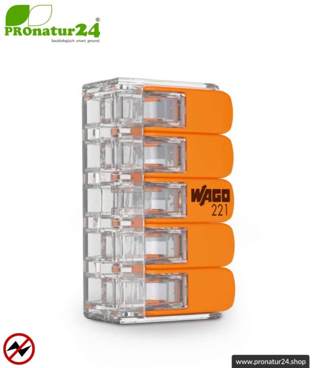 WAGO Compact Verbindungsklemme, Serie 221 | Modell 221-415 | für 5 eindrahtige, feindrahtige und mehrdrähtige Leiter | Leiterquerschnitt 0,14 bis 4 mm² | 450V / 32 A | Alternative zur Lüsterklemme