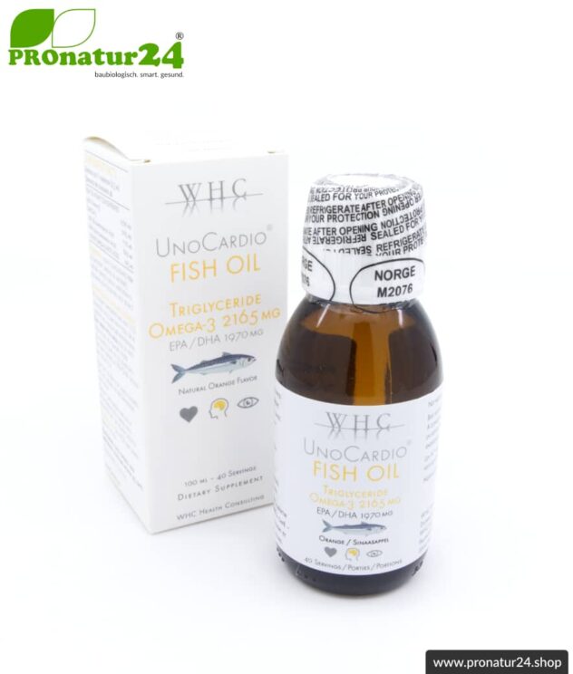 WHC UnoCardio ® Fish Oil | hochkonzentriertes Fischöl | natürlicher Geschmack nach Orangen | OMEGA-3 Fettsäuren | 100 ml Füllmenge