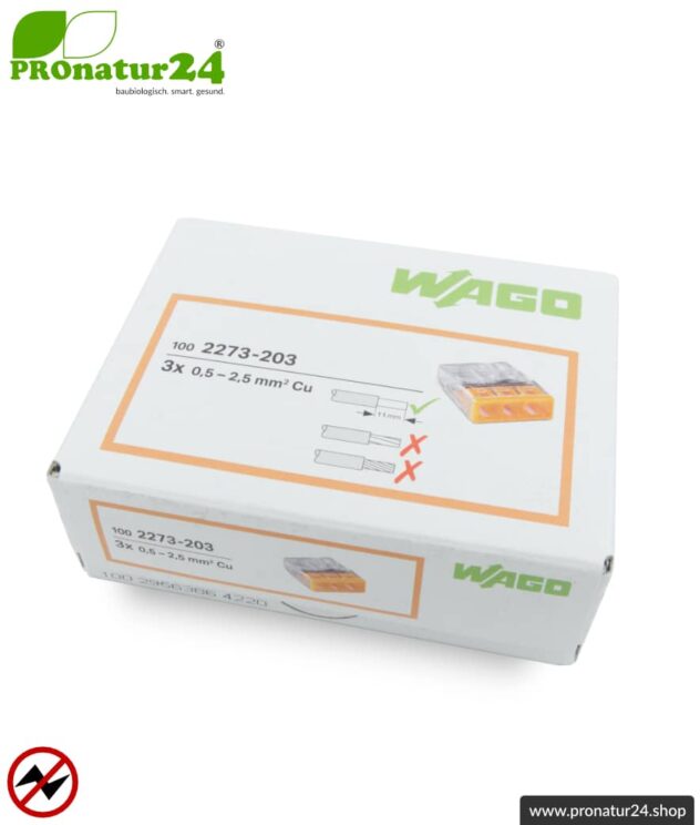 WAGO Compact Steckklemmen bzw. Verbindungsdosenklemmen | Modell 2273-203 | für 3 eindrähtige Leiter | Leiterquerschnitt 0,5 bis 2,5 mm² | 450V / 24 A | 100 Stück pro Packung