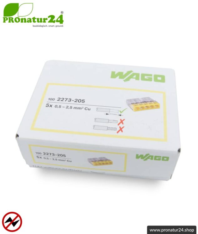 WAGO Compact Steckklemmen bzw. Verbindungsdosenklemmen | Modell 2273-205 | für 5 eindrähtige Leiter | Leiterquerschnitt 0,5 bis 2,5 mm² | 450V / 24 A | 100 Stück pro Packung