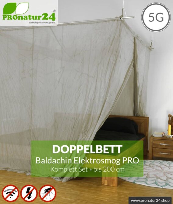Abschirmender Baldachin Elektrosmog PRO | 99,999 % Schirmdämpfung gegen WLAN, Handystrahlung (HF Abschirmung bis 50 dB) | Erdbar | Wirkungsvoll gegen 5G! | Doppelbett. Set.
