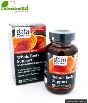 WHOLE BODY SUPPORT von Gaia Herbs | Reishi, Shiitake, Kurkuma und Ingwer für's tägliche Plus an Energie | Pilze, Vitalpilze & Kräuter | 60 Kapseln