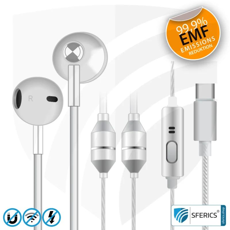 Strahlungsfreies SFERICS® AirTube MINI Stereo Headset mit Mikrofon | Elektrosmog reduzierender Kopfhörer mit Luftkabel Technologie | weiss-silber 14 Luftkabel ergonomisch geformtes Stereo Headset mit Mikrofon | SFERICS® AirTube MINI | strahlungsfreie Technologie ohne Elektrosmog | weiss-silber | mit USB C Stecker