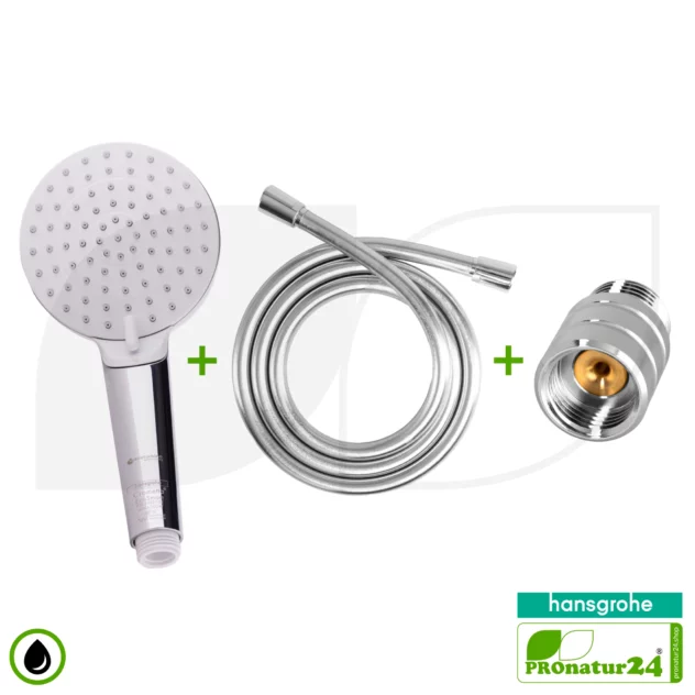 hansgrohe Crometta Vario | 2-Strahl Handbrause SET + ecoturbino® 10 Legio | ET10L Wasserspar Adapter + Duschschlauch + Duschkopf