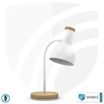 Geschirmte Tischleuchte BERLIN | pulverbeschichtet, weiss | Schwanenhals, in alle Richtungen drehbar | Holzfuss aus Bambus | E14 Fassung + G9 Adapter