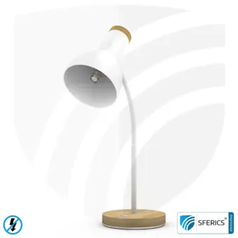 Geschirmte Tischleuchte BERLIN | pulverbeschichtet, weiss | Schwanenhals, in alle Richtungen drehbar | Holzfuss aus Bambus | E14 Fassung + G9 Adapter