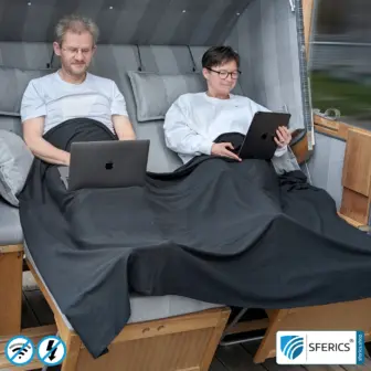 Abschirmende Decke, schwarz | kuschelig weich | Mobiler Strahlenschutz gegen WLAN, Handy, LTE, 5G, ... mit Wirkungsgrad bis 99,99 % (40 dB) | NF erdbar | 5G ready!