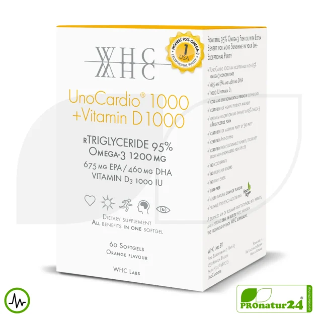 WHC UnoCardio® 1000 + Vitamin D 1000 | OMEGA-3 Fettsäuren | 60 Weichkapseln