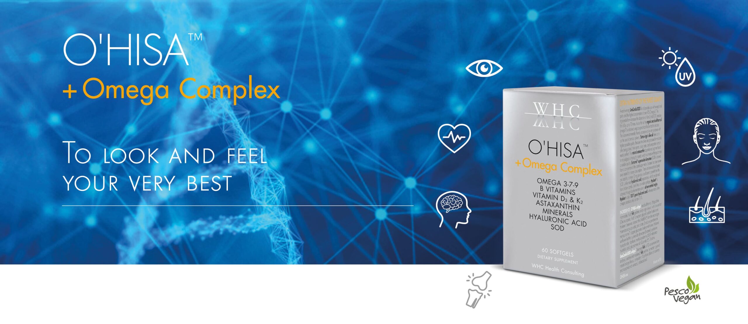 WHC O'HISA + Omega Complex | Omega-3 Fettsäuren, Vitamine, Mineralstoffe, Hyaluronsäure, ... | 60 Softgelkapseln (30+30) 14 WHC O'HISA ™️ + Omega Complex | Omega-3-Fettsäuren, Vitamine, Mineralstoffe, u.v.m.