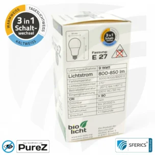 9 Watt LED TRICOLOR Pure-Z NEO | 3in1 = 3 umschaltbare Lichtfarben | Hell wie 80 Watt, 850 Lumen | CRI über 90 | flimmerfrei | E27