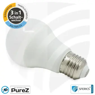9 Watt LED TRICOLOR Pure-Z NEO | 3in1 = 3 umschaltbare Lichtfarben | Hell wie 80 Watt, 850 Lumen | CRI über 90 | flimmerfrei | E27