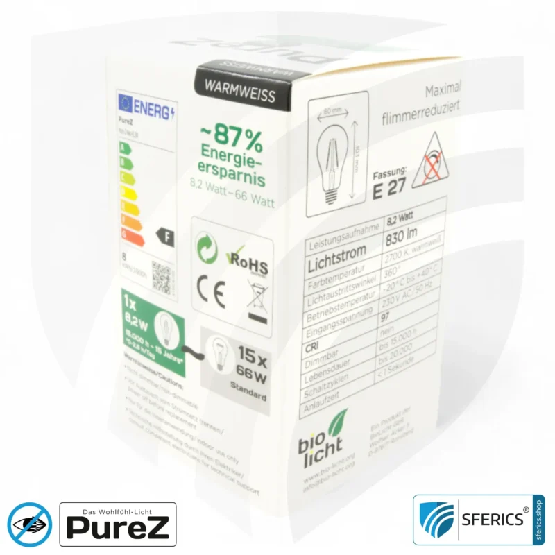 8,2 Watt LED Filament Pure-Z NEO | Hell wie 66 Watt, 830 Lumen | CRI 97 | flimmerfrei | warmweiß | E27 | klar