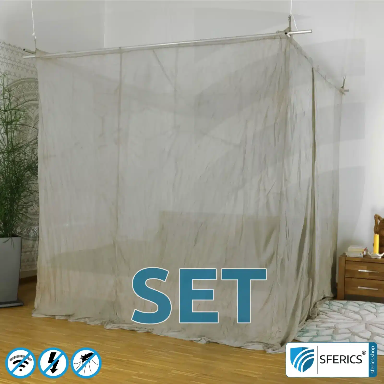 Abschirmender Baldachin Elektrosmog ULTRA im Set | DOPPELBETT | Maximale Abschirmung EMF mit über 99,99 % (48 dB) | Erdbar NF | SFERICS® invest4life Programm | Wirkungsvoll gegen 5G!