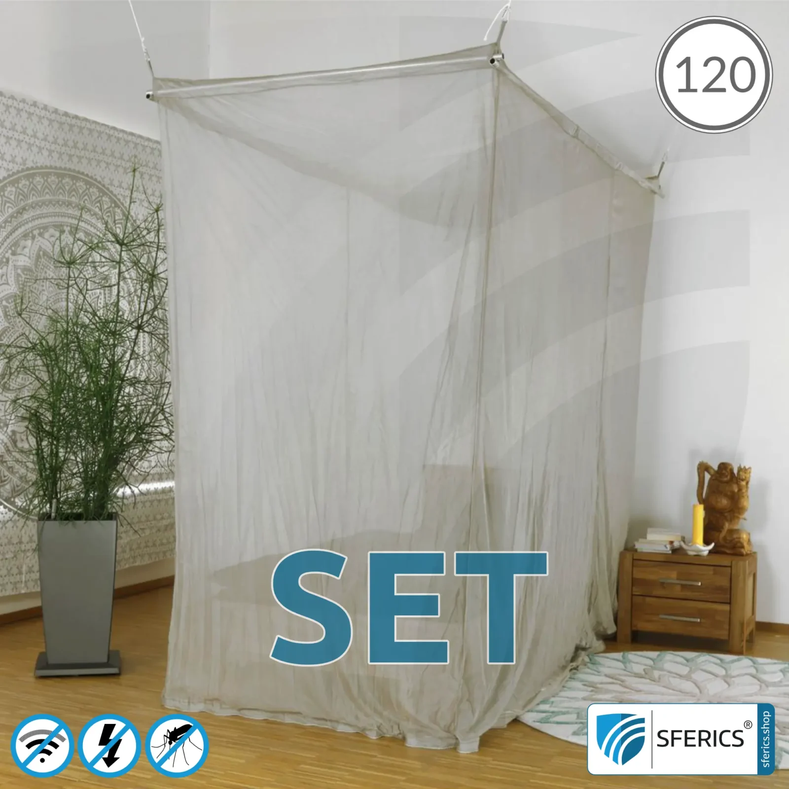 Abschirmender Baldachin Elektrosmog ULTRA im Set | QUEENSIZE BETT, 120 CM | Maximale Abschirmung EMF mit über 99,99 % (48 dB) | Erdbar NF | SFERICS® invest4life Programm | Wirkungsvoll gegen 5G!
